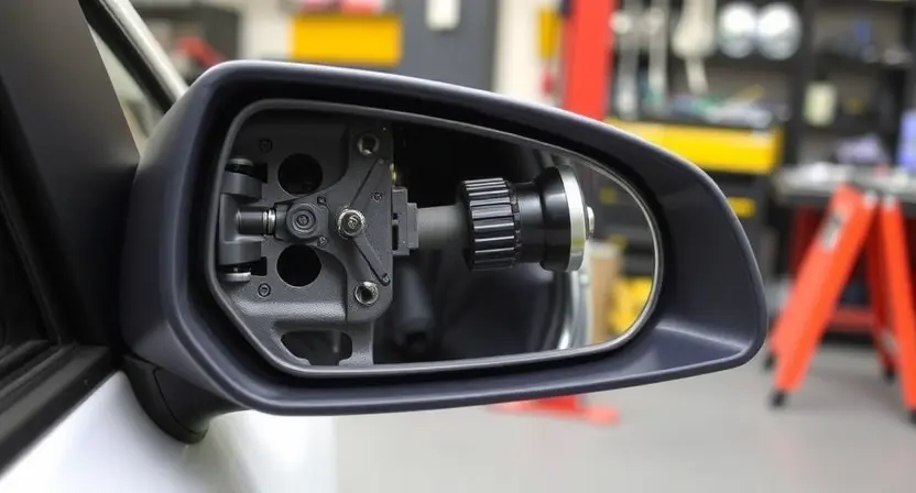 A close-up view of a car's side mirror with visible mechanical components, showing signs of wear or malfunction. The mirror should be slightly tilted or misaligned to indicate the error B2241. The background should include a blurred car body and a workshop setting with tools and equipment.