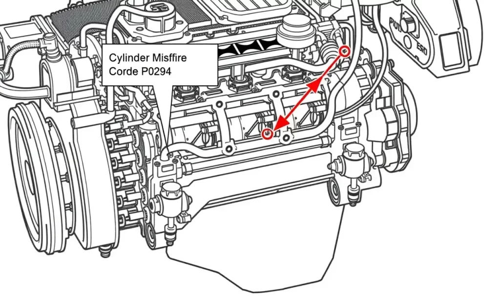 A detailed technical diagram showing an engine with highlighted fuel injection system and cylinder misfire, representing error code P0294, with clean engineering lines and no text labels