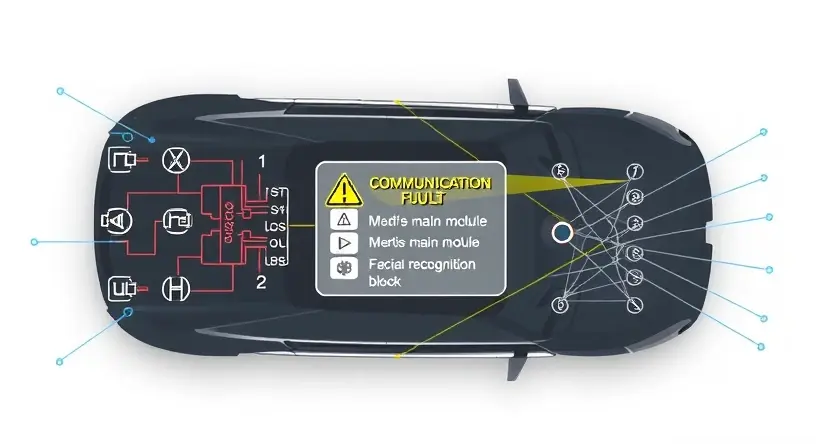 A high-quality technical illustration showing a vehicle's electronic control system with a highlighted communication fault between the vehicle's main module and the facial recognition block, featuring clear circuit diagrams, warning indicators, and abstract network connections to represent lost signal, in the style of HQ-832-448-h