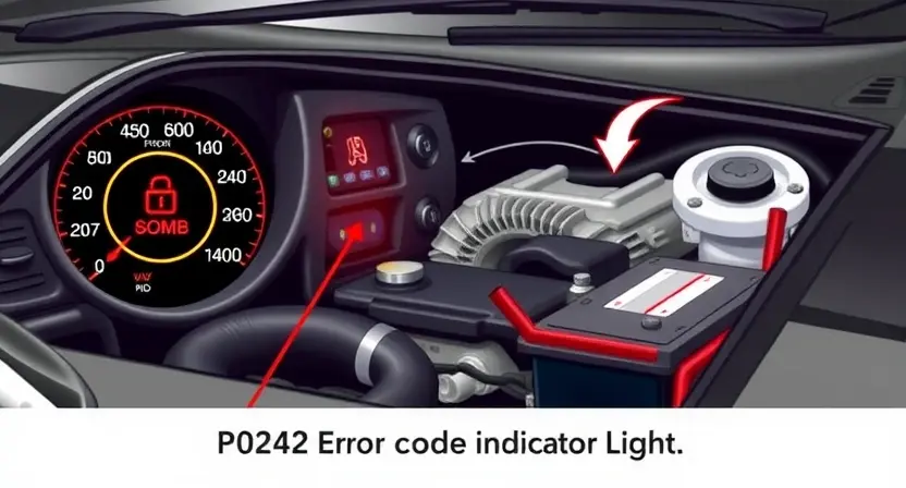 A detailed illustration of a car's engine bay, focusing on the P0242 error code indicator light. The image should clearly show the dashboard with the illuminated light, along with relevant engine components like the alternator, battery, and intake manifold. The background should be a slightly blurred view of the car's interior.