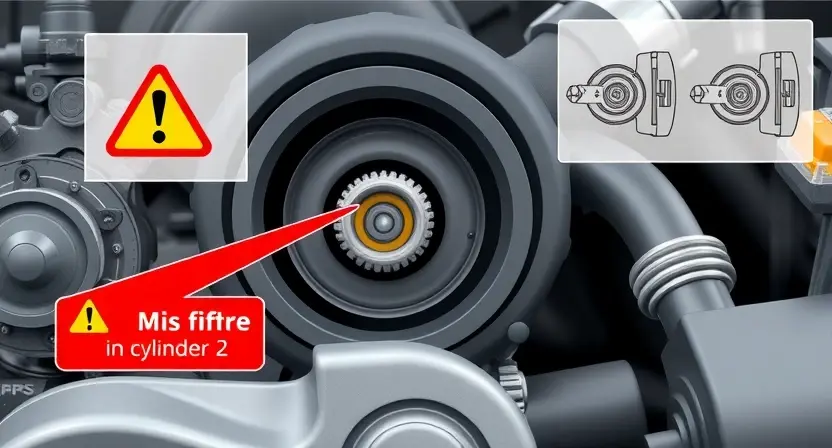 A high-quality technical illustration of a car engine showing a cylinder with a spark plug and fuel injector, with a warning sign indicating a misfire in cylinder 2, surrounded by schematic diagrams of engine components and error code P2337 displayed prominently