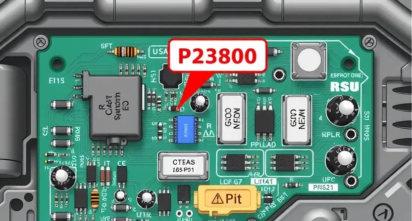 A detailed illustration of a car transmission sensor circuit board, highlighting the P2800 error code indicator. The circuit board should show various components like resistors, capacitors, and the sensor itself. Focus on clarity and precision to represent a technical diagram.