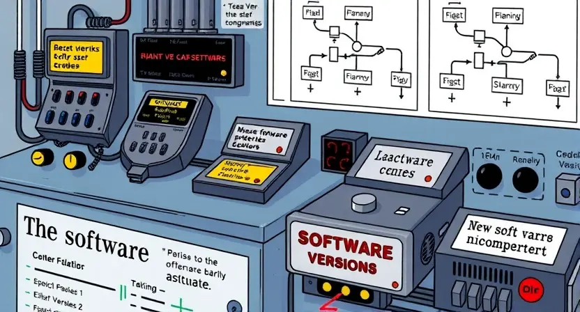 A detailed illustration of a control system with multiple interconnected blocks, each labeled with different software versions. The blocks should be visually distinct, with some showing signs of malfunction or error, such as flashing lights or warning symbols. The background should include a schematic diagram of the system, highlighting the points of incompatibility. The overall scene should convey a sense of technical complexity and the challenges of software version mismatches.