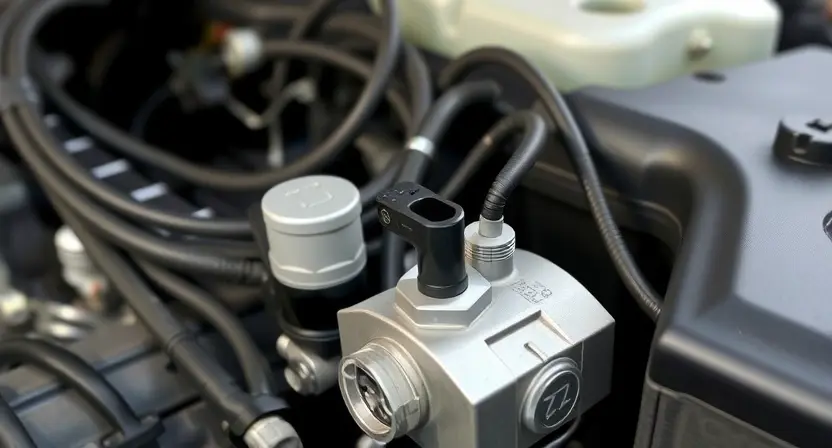 A close-up, detailed illustration of a car engine bay, focusing on the idle air control valve (IACV) and its associated wiring. The IACV should be clearly visible, with surrounding components like hoses and sensors subtly in focus. The overall lighting should be bright and clean, highlighting the mechanical details. The background should be slightly blurred to emphasize the IACV. The image should convey a sense of technical precision and automotive repair.