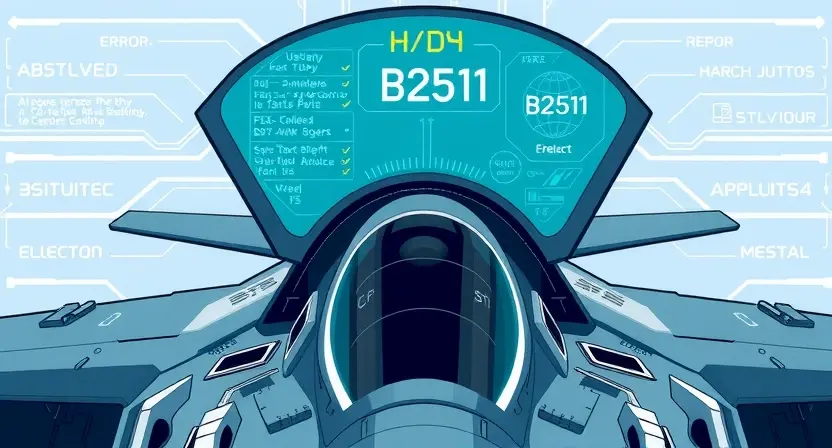 A detailed illustration of a futuristic HUD (Heads-Up Display) system on a military aircraft. The HUD should display error messages, specifically highlighting the 'B2511' error, along with diagnostic information and potential solutions. The aircraft should be sleek and modern, with visible cockpit elements. The overall color scheme should be cool and technical, with blues, grays, and whites dominating.