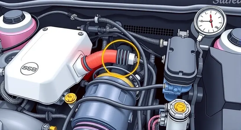 A detailed illustration of a car's engine bay, focusing on the intake air temperature sensor. The sensor should be clearly visible, along with the surrounding hoses and wiring. Include a visual representation of the sensor reading being abnormally high, perhaps with a heat haze effect around the sensor or a gauge indicating elevated temperature. The overall scene should be clean and well-lit, emphasizing technical accuracy.