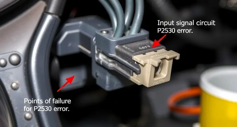 A close-up, detailed illustration of a car's ignition switch wiring harness. Focus on the connections and wires related to the input signal circuit. The background should be blurred, suggesting a workshop environment. The image should highlight the potential points of failure that could cause a P2530 error.