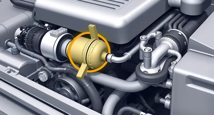 A detailed illustration of a car engine with a highlighted oxygen sensor, showing the sensor's position and connection to the exhaust system. The image should depict the engine components in a realistic and technical manner, emphasizing the sensor's role in monitoring the oxygen levels in the exhaust gases.