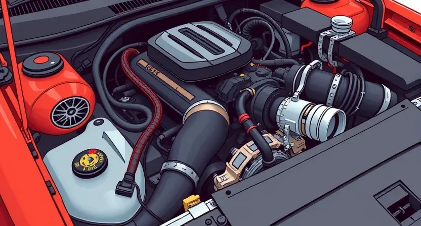 A close-up, detailed illustration of a car engine bay. Focus on the engine components, hoses, and wiring. The engine should appear clean and well-maintained. Subtle lighting to highlight the mechanical details.