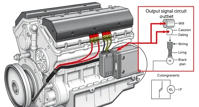 A detailed illustration of an engine block with a highlighted output signal circuit. Focus on the wiring and components related to the crankshaft output signal. Use technical diagrams and schematics to represent the circuit.