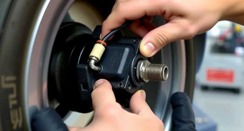 A close‑up of a mechanic’s hands removing an ABS speed sensor from a car wheel hub, showing the sensor, its wiring, and the mounting bolt, with a replacement sensor nearby, set against a clean, neutral garage background