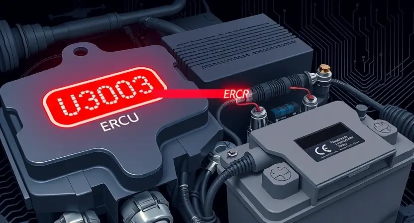 A detailed technical illustration showing a car's engine control unit (ECU) with a glowing red error code 'U3003' displayed on a diagnostic scanner screen nearby, surrounded by symbolic representations of voltage fluctuations, wiring harnesses, and battery terminals, all rendered in a clean, professional automotive tech style with subtle circuit patterns in the background