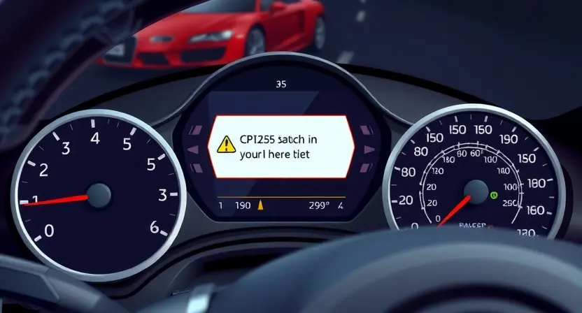 A close-up, detailed illustration of a car's dashboard with a prominent error message displayed on the instrument cluster. The error message should be clearly visible and resemble a typical digital warning on a modern car display. Focus on the dashboard elements surrounding the display, showing a realistic car interior environment.