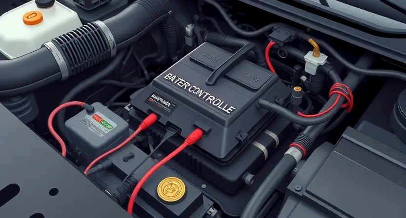 A close-up, detailed illustration of a car's engine bay. Focus on the battery control module and its wiring harness. Highlight the connection points and potential areas of disconnection. The overall scene should convey a sense of automotive diagnostics and electrical systems.