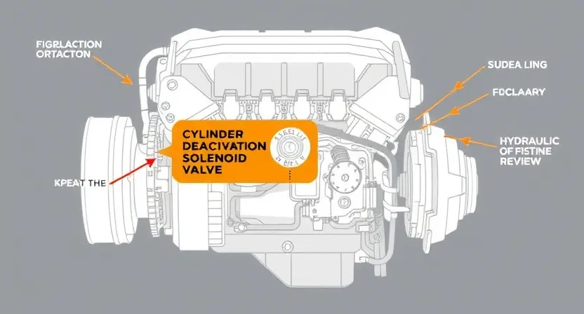A high-quality technical illustration showing a modern car engine with a highlighted cylinder deactivation solenoid valve, labeled wiring and hydraulic lines, clean schematic style with technical annotations, neutral background, no text or numbers on the image