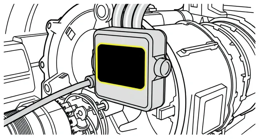 A detailed illustration of an automatic transmission (AT) with a highlighted temperature sensor. The sensor should be clearly visible, with a small indicator light showing a temperature reading. Include wiring and connections to the AT control unit. The background should be a clean, technical environment.