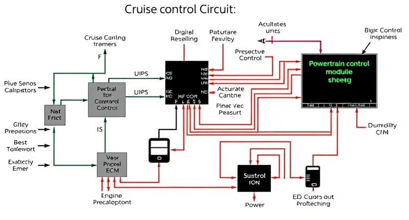 A detailed diagram illustrating the cruise control circuit interacting with the Powertrain Control Module (PCM) and Engine Control Module (ECM) in a vehicle. The diagram should show the flow of signals and power between these components, highlighting the sensors, actuators, and control units involved in maintaining a set speed. Include labels for each component and connection.