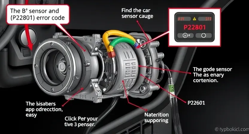 A detailed illustration of a car's transmission sensor, specifically focusing on the 'B&' sensor and the associated P2801 error code. The image should depict the sensor's physical components, wiring, and potential causes of the error. Include visual cues representing the error code, such as a warning symbol or a diagnostic interface displaying the code.