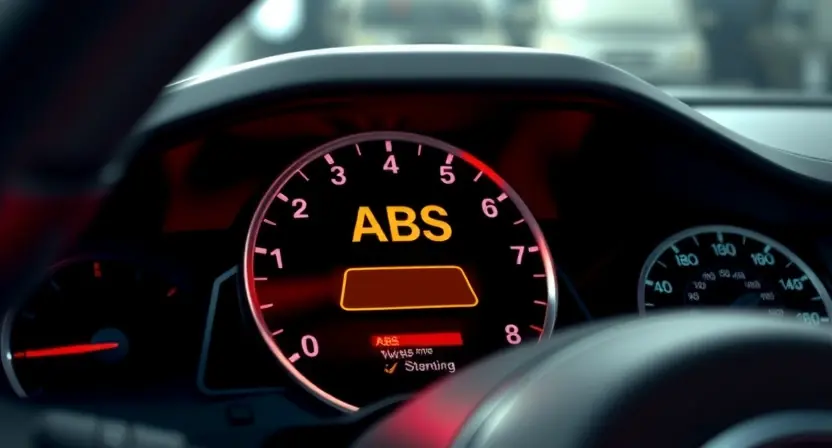 A close-up, detailed illustration of a car's dashboard with the ABS warning light illuminated. The dashboard should be clean and modern, focusing on the warning light and surrounding indicators. The background should be blurred, suggesting a car interior.