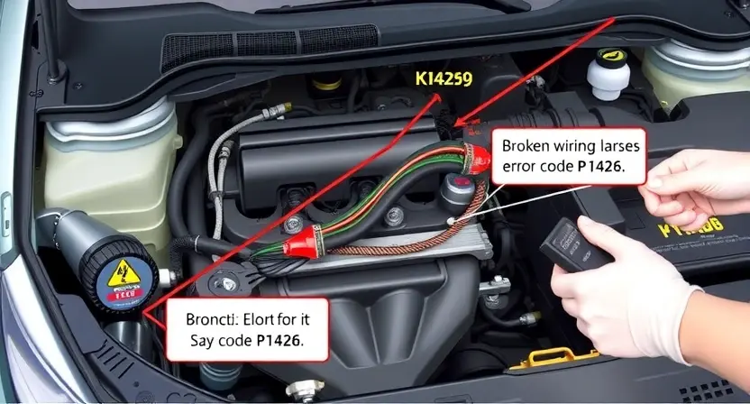 A detailed technical illustration of a car engine bay showing a broken wiring harness causing error code P1426, with visible damaged wires, connectors, and a mechanic's hands inspecting the issue, clean background, no text or numbers on image
