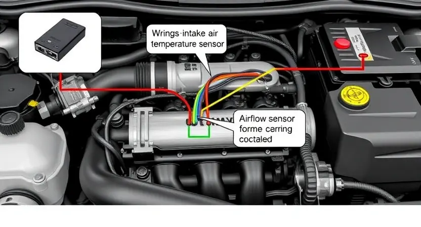 A detailed diagram of a car's intake air temperature sensor circuit. The diagram should clearly show the sensor, wiring, the engine control unit (ECU), and the airflow sensor. Use color-coding to differentiate the wires. Focus on the connections and the sensor's location within the engine bay.