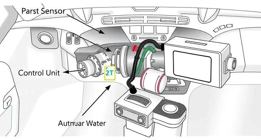 A detailed illustration of a cruise control system, showing its components like the sensor, control unit, and actuator. The image should highlight the internal workings and connections. Focus on clarity and technical accuracy.