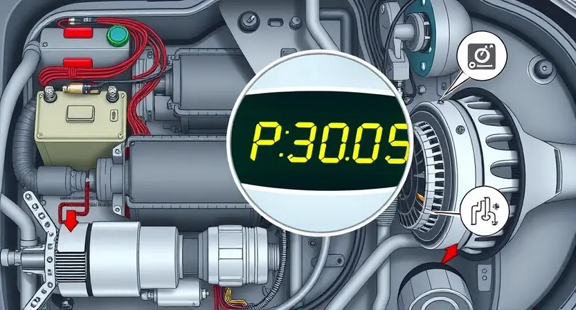 A detailed technical illustration of a high-voltage system in a hybrid or electric vehicle, showing components like the battery pack, inverter, motor, and wiring harness, with a magnified focus on a fault indicator or diagnostic tool displaying the error code P3005, surrounded by subtle circuit diagrams and sensor icons, all in a clean, professional, HQ-832-448-h style