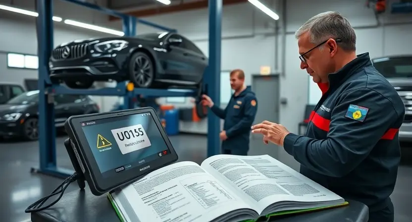 A professional automotive service station with a clean, well-lit interior, featuring a modern vehicle on a lift, a technician consulting a digital diagnostic tablet displaying a warning code U0156, and a service manual open on a workbench showing regular maintenance schedule pages, all rendered in high-quality realistic style