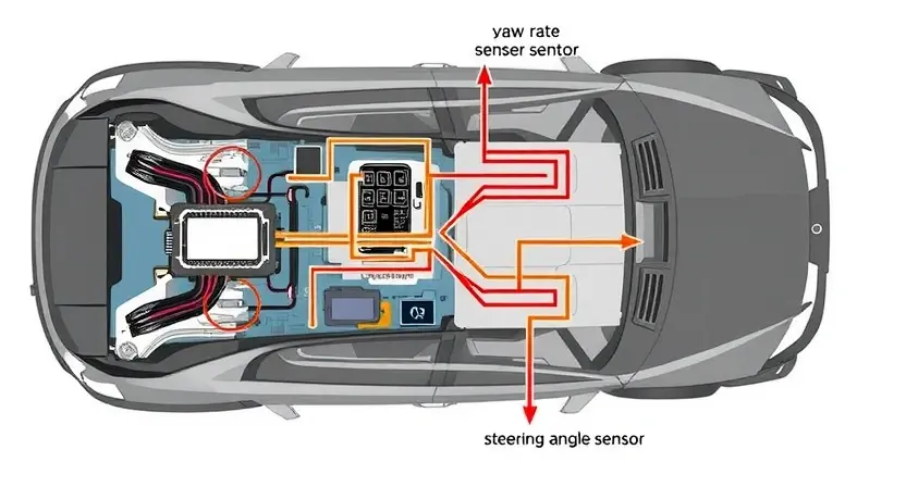 A detailed illustration of a car's electronic control unit (ECU) with highlighted circuit pathways related to the yaw rate sensor and steering angle sensor. The image should emphasize the internal components and connections within the ECU, visually representing the system's feedback loop for stability control. Focus on the sensor inputs and their processing within the ECU.