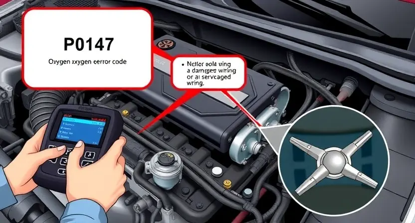 A detailed illustration of a car engine with a focus on the oxygen sensor and its wiring, showing the location of the sensor and the potential issues that could cause the P0147 error code. The image should depict a technician using a diagnostic tool to scan the car's computer system, highlighting the error code on the screen. Additionally, include a close-up of the oxygen sensor and its connections to illustrate the possible causes of the error, such as a faulty sensor, damaged wiring, or a vacu