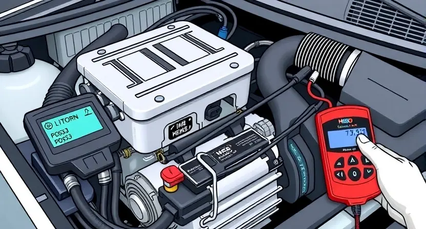 A detailed illustration of a car's engine bay with a diagnostic tool connected to the OBD-II port. The engine should be partially visible, showcasing various components like the alternator, battery, and intake manifold. A digital display on the diagnostic tool should show the error code P0533 highlighted.