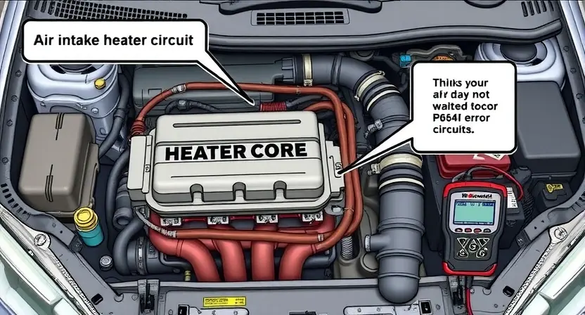A detailed illustration of a car's engine bay, focusing on the air intake heater circuit. Show the heater core, hoses, wiring, and a diagnostic tool connected to the circuit. The image should clearly depict the components involved in the P0640 error code.