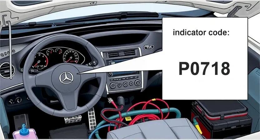 A detailed illustration of a car's engine bay, highlighting the P0718 error code indicator light. Focus on the dashboard and the diagnostic tool displaying the code. Include relevant car parts like the engine, wiring, and sensors.