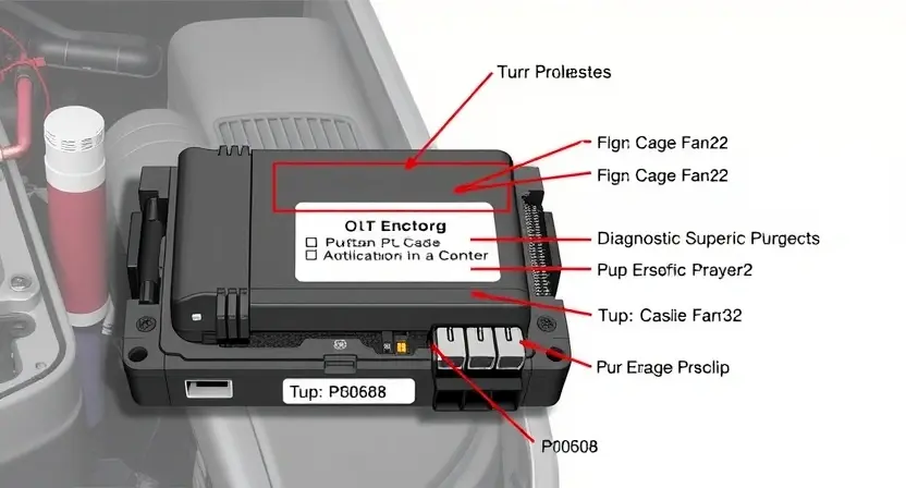 A detailed illustration of a car's engine control unit (ECU) with various diagnostic codes highlighted, specifically focusing on P0608. The ECU should be rendered with a realistic, technical style, showcasing its internal components. The background should be a clean, neutral color.