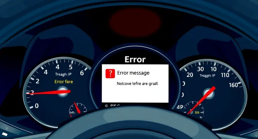 A close-up, detailed illustration of a car's dashboard with a prominent error message displayed on the instrument cluster. The error message should be clearly visible and resemble a digital display. Focus on the dashboard elements surrounding the display, showing a realistic car interior. The overall lighting should be bright and clean, highlighting the error message.