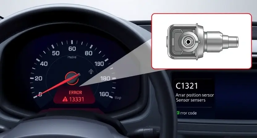 A detailed technical illustration of a car's body position sensor malfunction, showing a warning indicator on the dashboard and a schematic of the sensor with an error code C1321 highlighted, rendered in high-quality technical diagram style