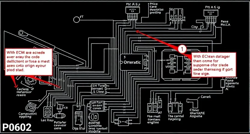 A detailed schematic diagram of an engine control module (ECM) with highlighted areas representing potential points of failure related to P0602 error code. Include wiring diagrams and component labels.