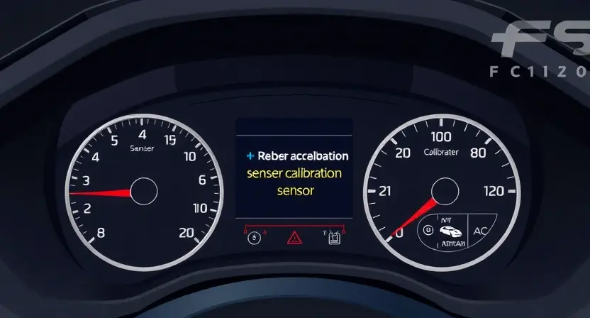 A detailed illustration of an automotive dashboard displaying a warning light indicating a sensor calibration error (C2120). The dashboard should show the error message clearly, along with visual representations of the accelerometer sensor and its calibration process. Focus on technical accuracy and clarity.