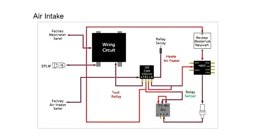 A detailed schematic diagram of an engine's air intake heater circuit, showing wiring, components (heater, relays, sensors), and connections. The diagram should be clean, well-labeled, and illustrate the flow of electrical current.