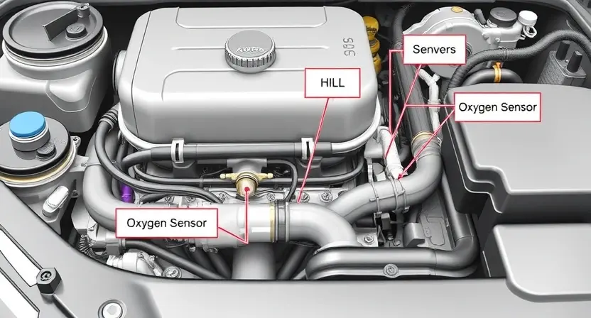 A high-quality technical illustration showing a car engine bay with the focus on the oxygen sensor and its wiring, clean and well-lit, with clear labels or annotations indicating the sensor location and function, no text or numbers visible on the image, realistic lighting and detailed mechanical components, style: HQ-832-448-h