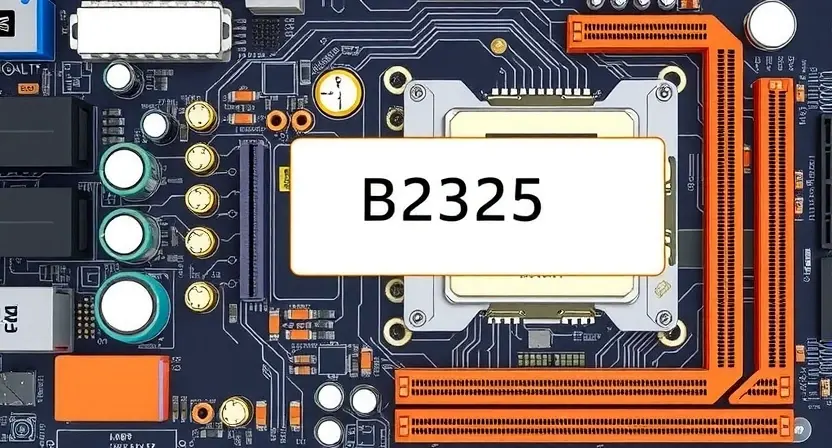A detailed illustration of a computer motherboard with a highlighted B2325 error code. The motherboard should be clean and well-lit, showing various components like CPU, RAM, and capacitors. The error code should be clearly visible on a small display or label near the CPU.