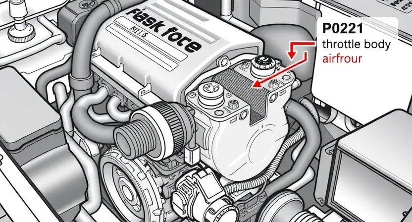 A detailed illustration of a car engine with a focus on the throttle body and its associated components. The throttle body should be clearly visible, with arrows indicating airflow direction. The engine should be depicted in a realistic, technical style, highlighting the parts relevant to the P0221 error code.