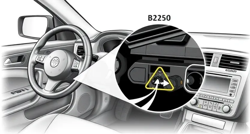 A detailed illustration of a car's steering column system with a highlighted error code B2260, showing the components involved in the regulation system such as the steering wheel, column, sensors, and control module. The image should depict a close-up of the faulty part causing the error, with a focus on the technical aspects and connections.