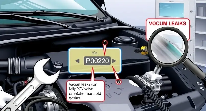 A detailed illustration depicting a car's intake manifold with a visual representation of a P0220 error code. Show a diagram highlighting potential issues like vacuum leaks, faulty PCV valve, or intake manifold gasket problems. Include a wrench symbolizing diagnostics and a magnifying glass representing inspection. The background should be a clean, professional automotive workshop setting.