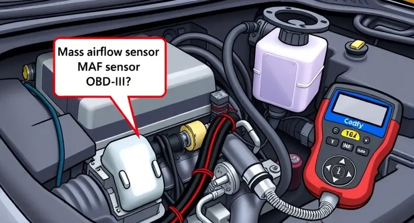 A detailed illustration of a car's engine bay with a focus on the mass airflow sensor (MAF sensor). The sensor should be clearly visible, with wires and hoses around it. Include diagnostic tools like a scan tool connected to the car's OBD-II port. The background should be a slightly blurred view of the car's interior.