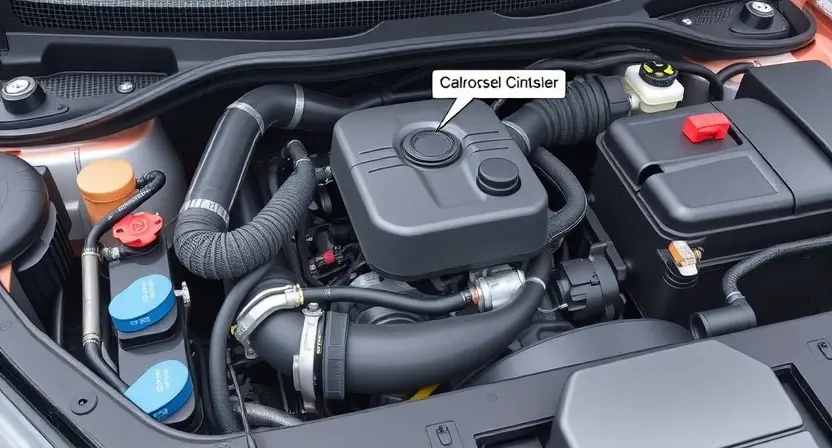 A detailed illustration of a car's engine bay with a focus on the evaporative emissions (EVAP) system components. Highlight the gas cap, charcoal canister, and associated hoses. Use clear, bright colors to differentiate the parts. The engine should appear clean and well-maintained.