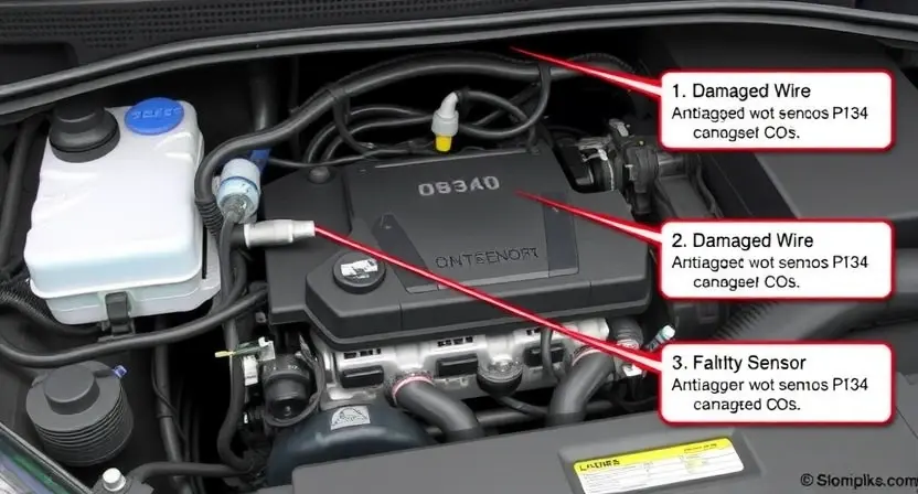 A detailed illustration of an automotive engine bay, focusing on the O2 sensor and its wiring. The sensor should be clearly visible, along with the wiring harness connecting it to the engine control unit (ECU). Show potential causes of the P0134 error, such as a damaged wire or a faulty sensor, with visual indicators.