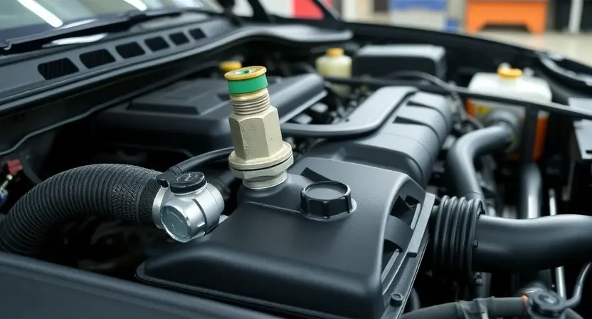 A close-up, detailed image of a car's engine bay. Focus on the oxygen sensor and related components. The engine should appear clean and well-maintained. Use bright, even lighting to highlight the parts. The background should be slightly blurred, suggesting a garage setting.