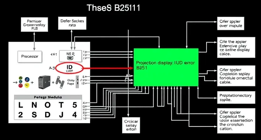 A detailed schematic diagram of a projection display HUD system, highlighting the B2511 error point. Include visual representations of the affected components (e.g., processor, display module, connection cables) and potential causes of the error. The diagram should be clean, well-labeled, and visually informative.