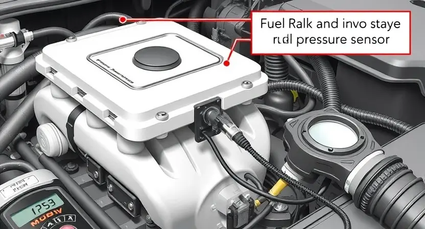 A detailed illustration of an automotive engine bay with a focus on the fuel rail and fuel pressure sensor. The sensor should be clearly visible, along with wiring and hoses. Include diagnostic tools like a scan tool connected to the vehicle's OBD-II port. The background should be slightly blurred to emphasize the engine components.
